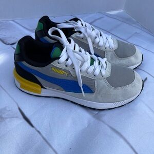 Puma Gray and Blue Sneakers with Green and Yellow Accents